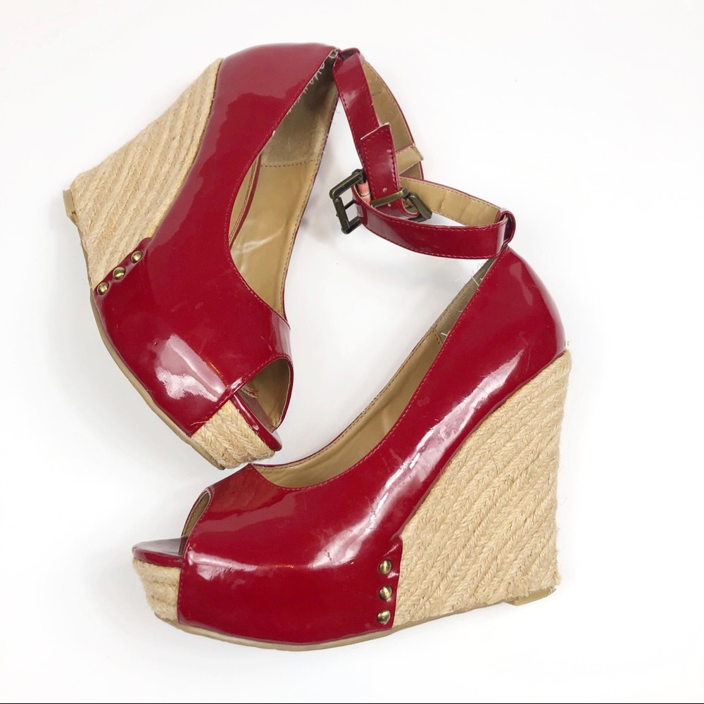 CHINESE LAUNDRY RED LEATHER WEDGE ESPADRILLE